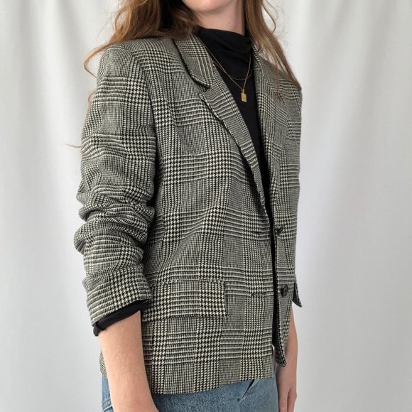 Parisian Vintage Oversized Houndstooth Plaid Knit Wool Blend Blazer Jacket Coat - Picture 6 of 8